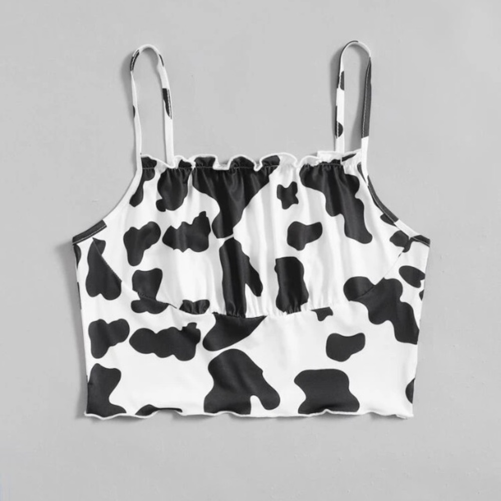 Cow Girl Ruched Bust Cow 🐄 Print Lettuce Trim Slim Fit Spaghetti Strap Crop Top